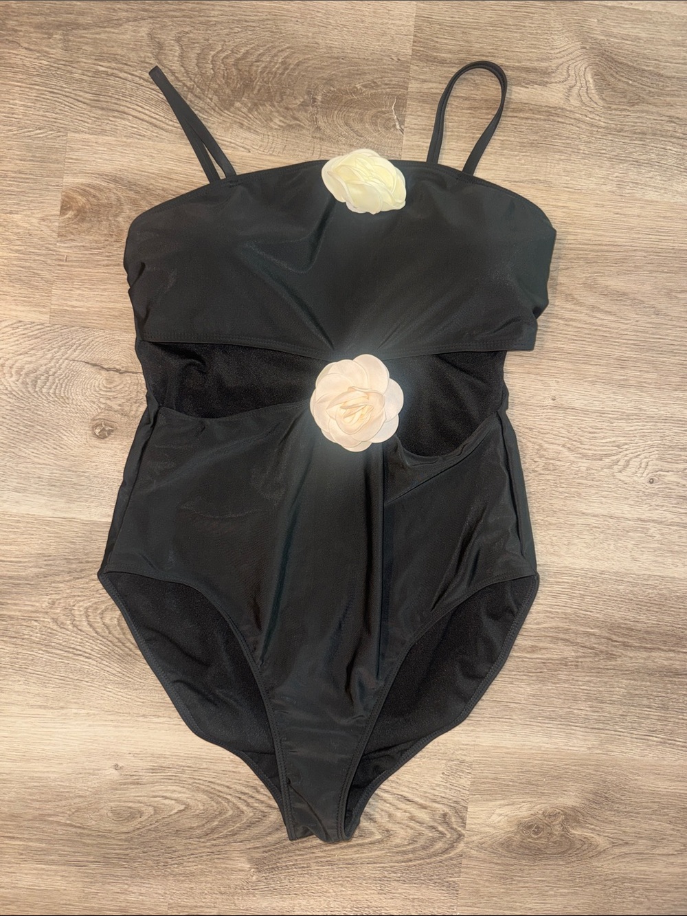 SHEIN Black One-Piece Swimsuit with Cream Flower Accents